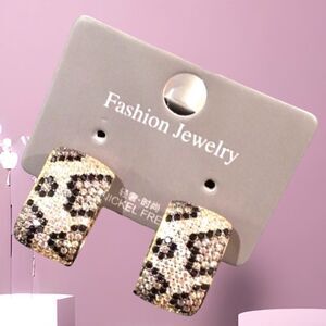 LEOPARD PRINTS PAVE 14K GOLD PLATED HOOP EARRINGS SMOKY AND BLACK DIAMONDS